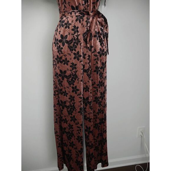 Unique Vintage mauve Sparkle & Black Floral Velvet Wide Leg Belted Jumpsuit XS - Picture 5 of 9